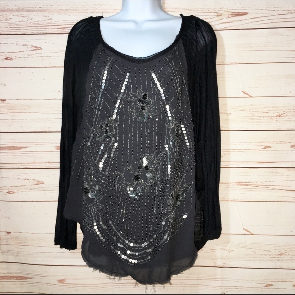 Free People Black Embellished Tunic‎ Top Loose Fit